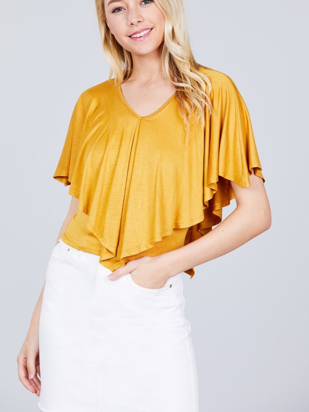 Juniors V Neck Flounce Top Mustard Color